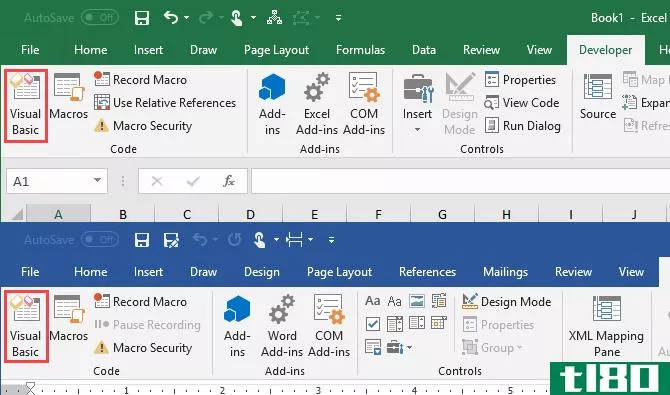 Visual Basic on the Developer tab in Microsoft Excel and Microsoft Word