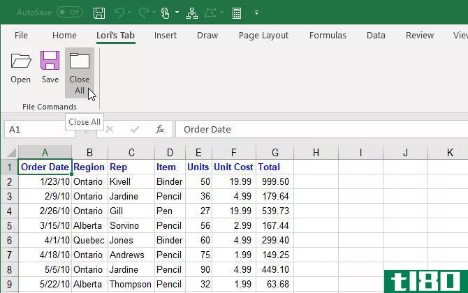 Custom tab with commands on the Excel ribbon