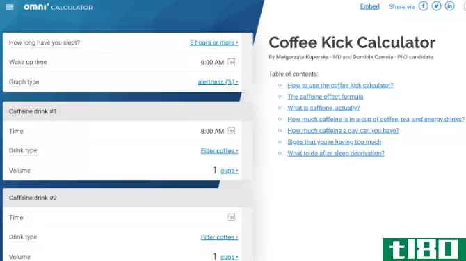 Coffee Kick by Omnicalculator tells you when you'll be most alert based on coffee intake and sleep schedule