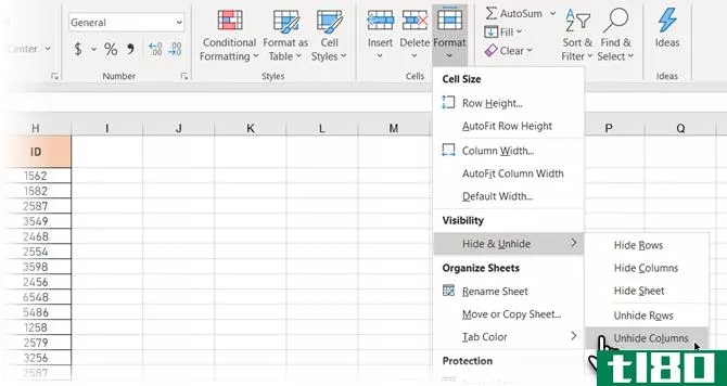 Unhide Columns from the Ribbon in Excel