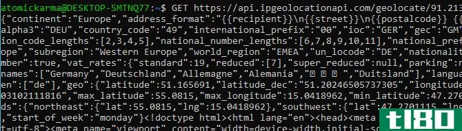 Raw data from the IP Geolocation API