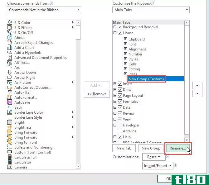 Click Rename to rename a group on the Excel ribbon