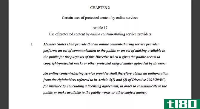 Screenshot of Article 17 from the EU's Copyright Directive 2019