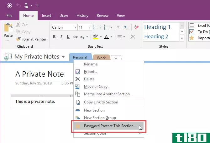 Select Password Protect This Section in OneNote 2016