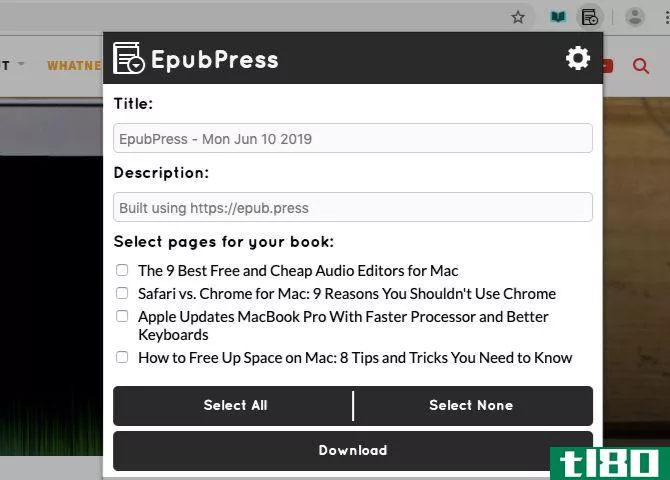 EpubPress toolbar panel in Chrome