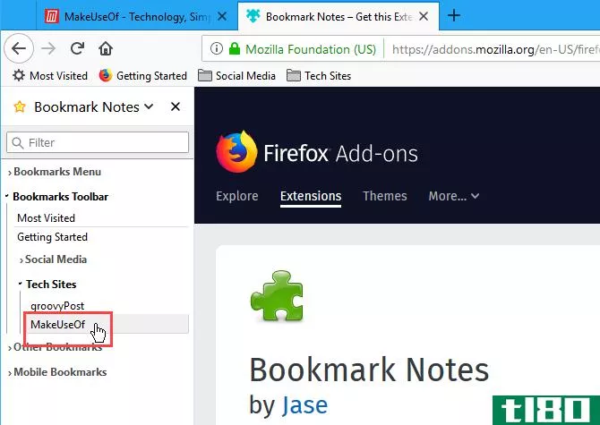 Click a bookmark in the Bookmark Notes add-on in Firefox