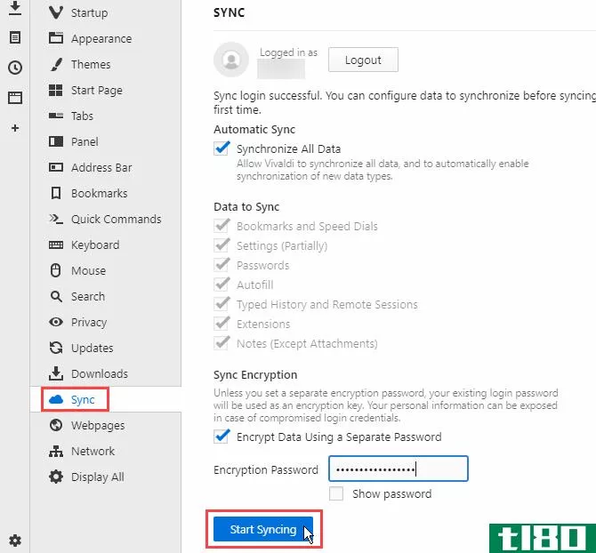Click Start Syncing on Sync settings page in Vivaldi
