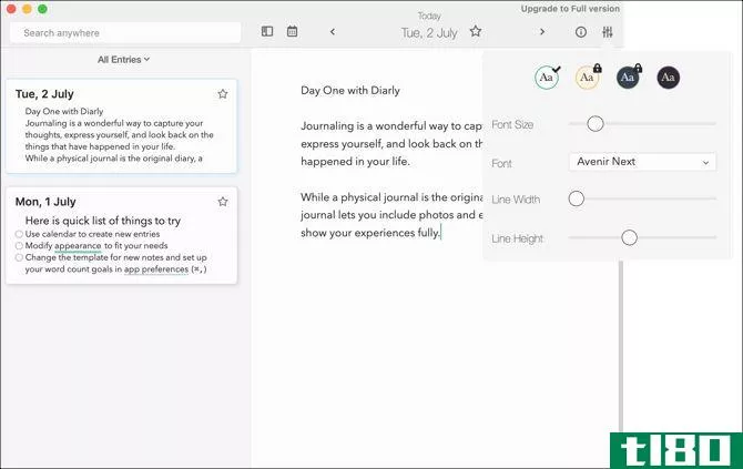 Diarly journal entry and theme on Mac
