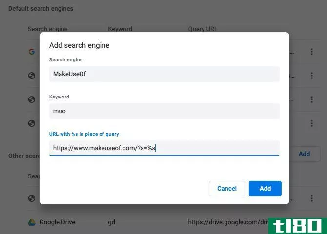 Chrome settings popup to add search engine