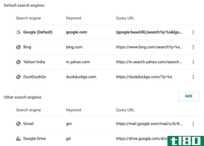Manage search engines screen in Chrome settings
