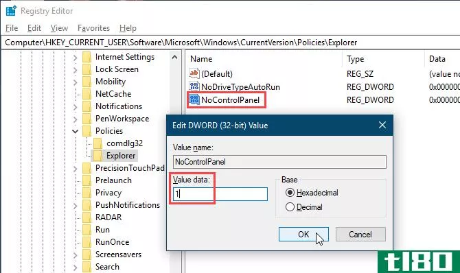 Set NoControlPanel value to 1 in the Windows 10 Registry Editor