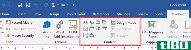 Control section on the Developer tab in Microsoft Word