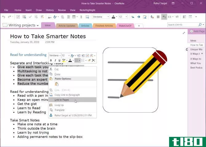 link to pages in OneNote 2016