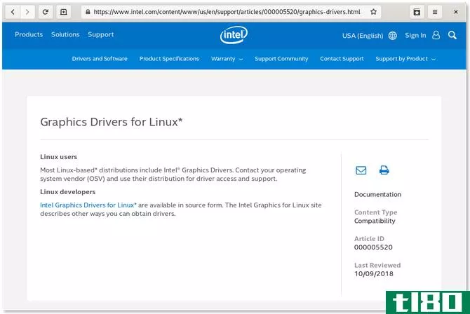 Intel website displaying graphics drivers available for Linux