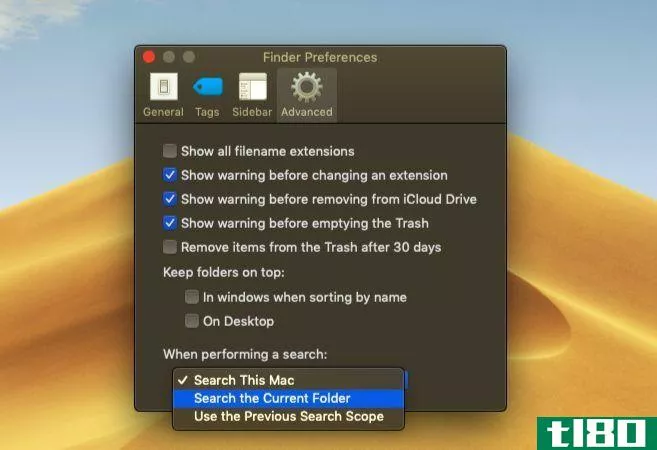 Setting custom search opti*** on macOS Finder