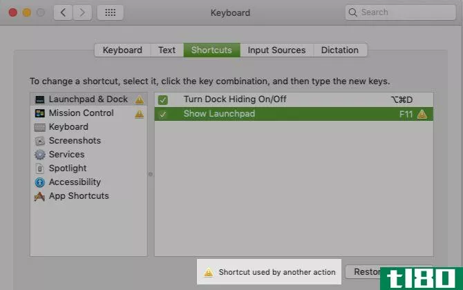 Error message in macOS settings to highlight clashing shortcuts