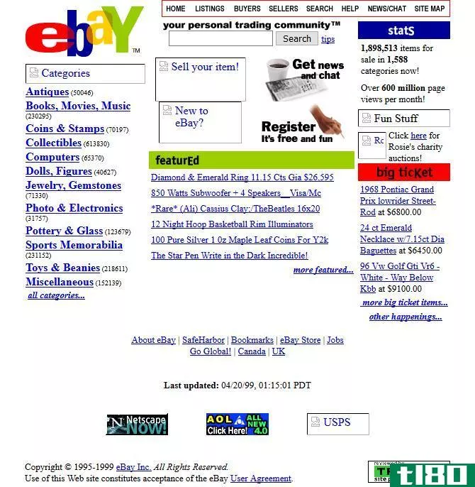 A screenshot of eBay in 1999