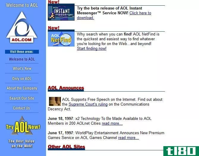 Screenshot of AOL's website in 1997