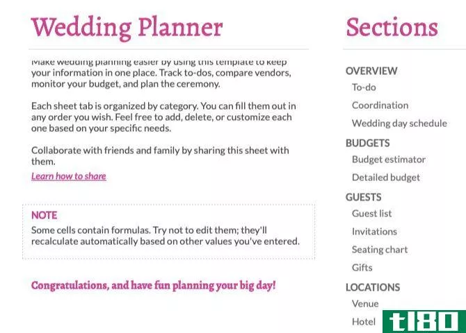 Wedding planner template in Google Sheets