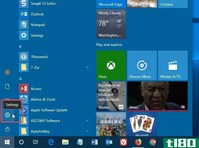 Open PC Settings from the Start menu in Windows 10