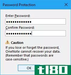 Password Protection dialog box in OneNote 2016