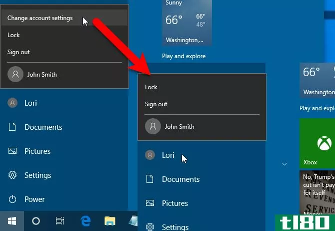 Change account setting option removed from the Start menu's user menu in Windows 10