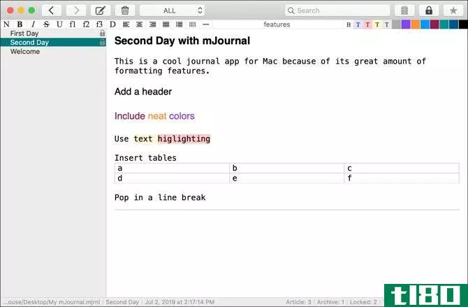 mJournal diary entry and formatting on Mac