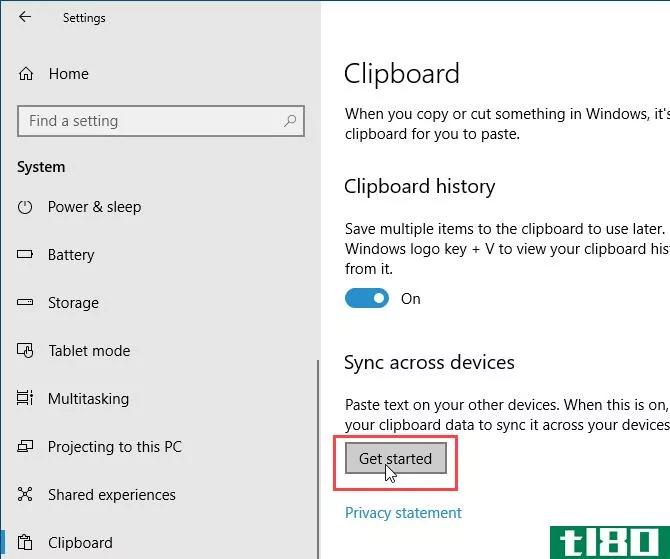 Click Get Started under Sync across devices for the Windows 10 clipboard