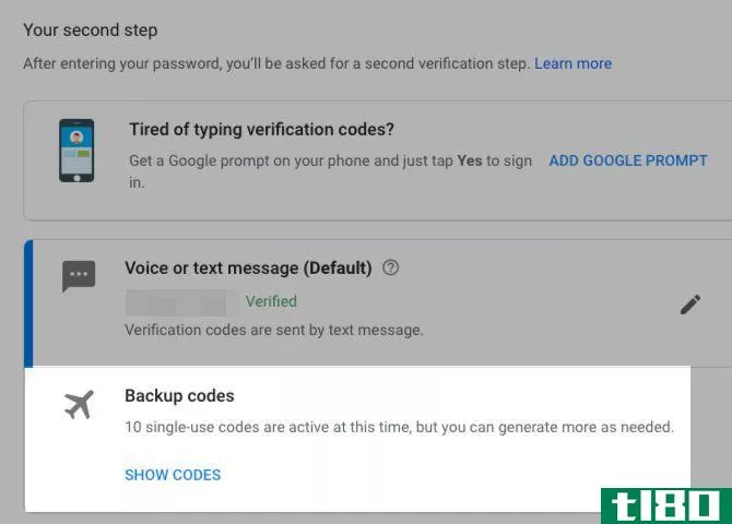 Backup codes section when 2FA is enabled for Google account