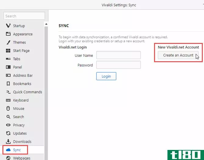 Click Create an Account on Vivaldi Sync settings page