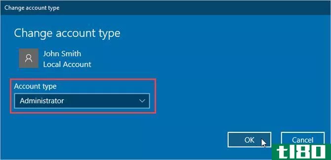 Change account type catalog in Windows 10 Settings