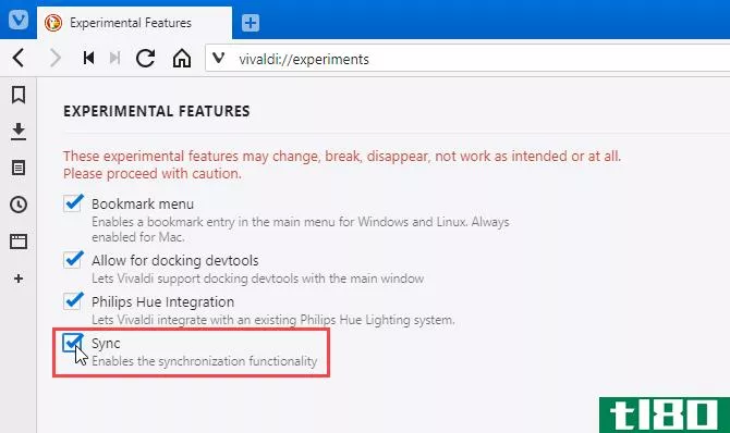 Turn on experimental Sync feature in Vivaldi