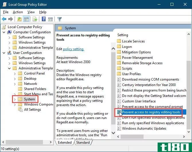 Double-click the Prevent access to registry editing tools setting in the Local Group Policy Editor