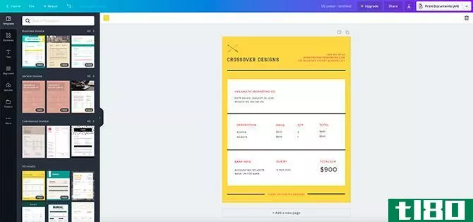 Canva workspace using an invoice template