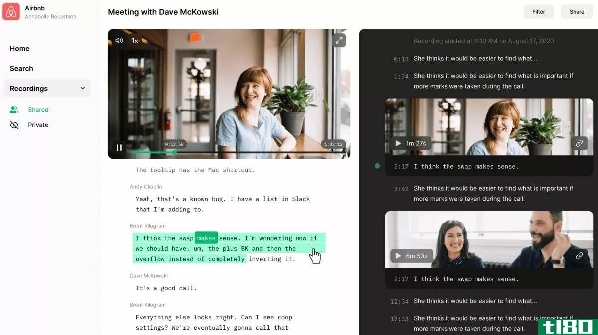 Grain records Zoom video calls and automatically transcribes them, letting you create highlight clips