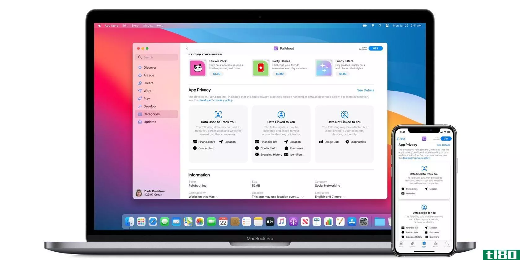 A MacBook Pro and an iPhone showing App Store screenshot with the App Privacy section visible