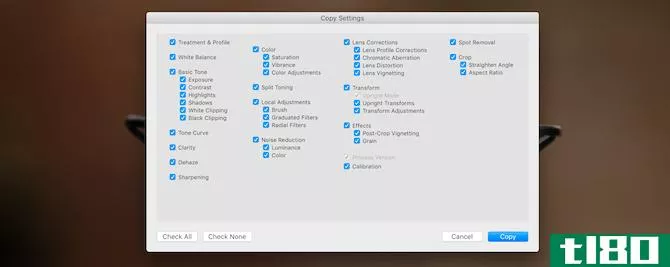 Selecting settings to copy for batch edit in Lightroom