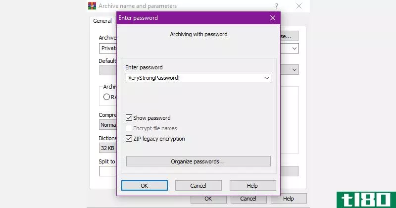 WinRAR setting acrhive password screenshot
