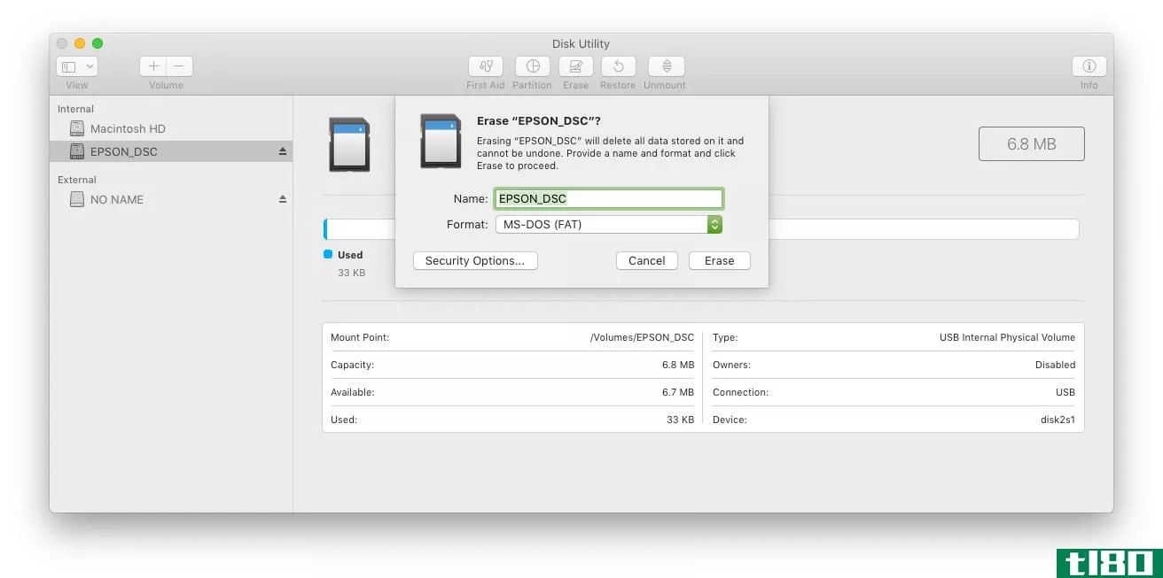 A screenshot showing macOS Disk Utility's erase dialog