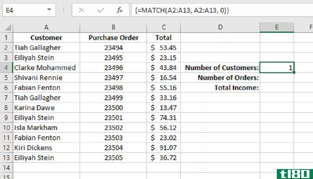 MATCH array function in Excel