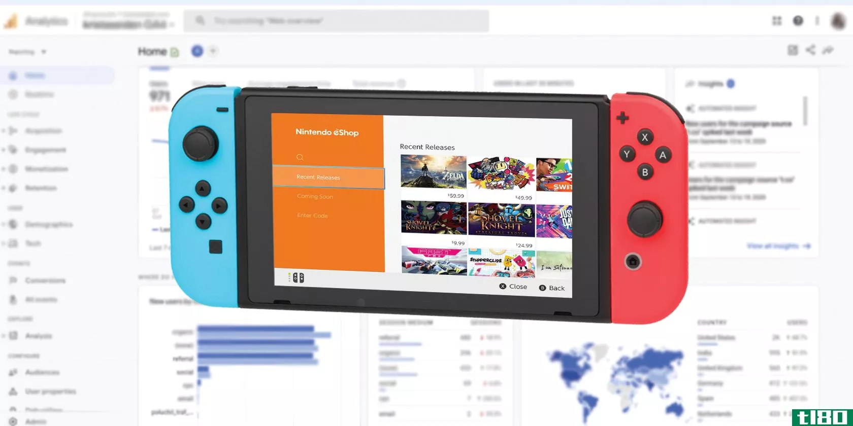 nintendo switch with eshop on screen and google ****ytics in background