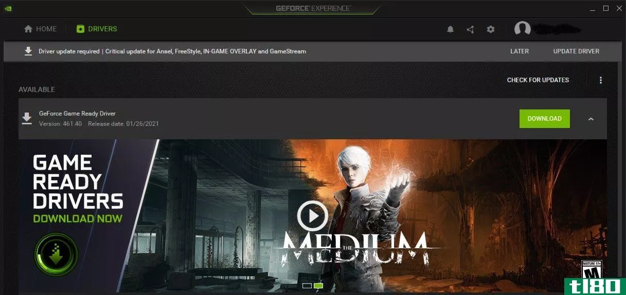 Driver update screen in Nvidia GeForce Experience
