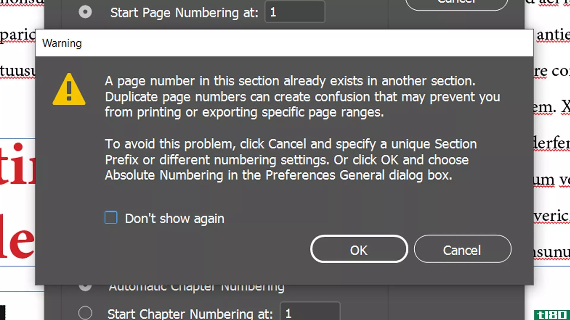indesign page number already exists warning
