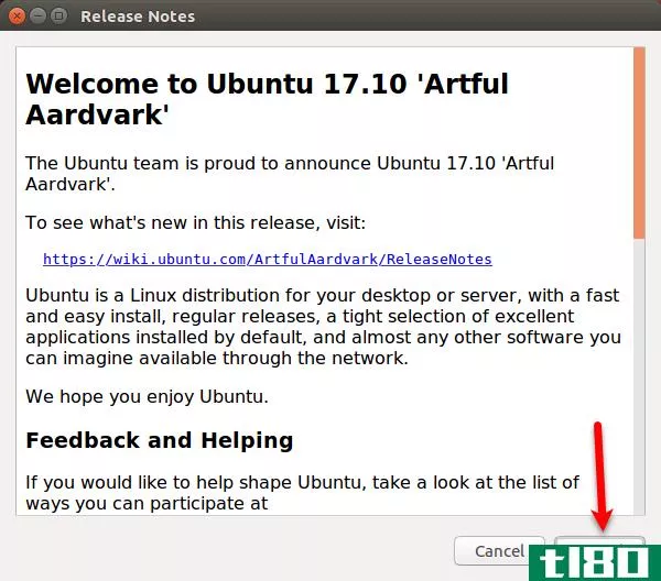 Release Notes dialog box for upgrade to Ubuntu 17.10