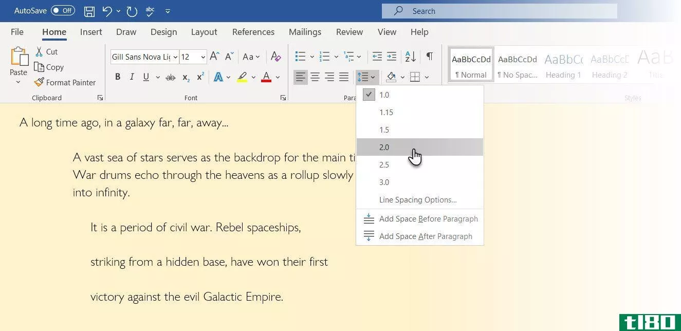 Double space from Home tab in Word