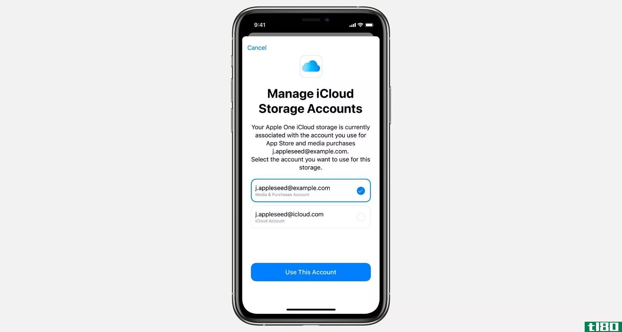 Use This Account option in iPhone Apple One iCloud settings