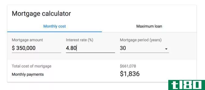 Mortgage calculator in Google's results page