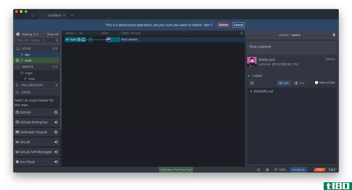 A screenshot of GitKraken showing a warning when attempting to delete a branch