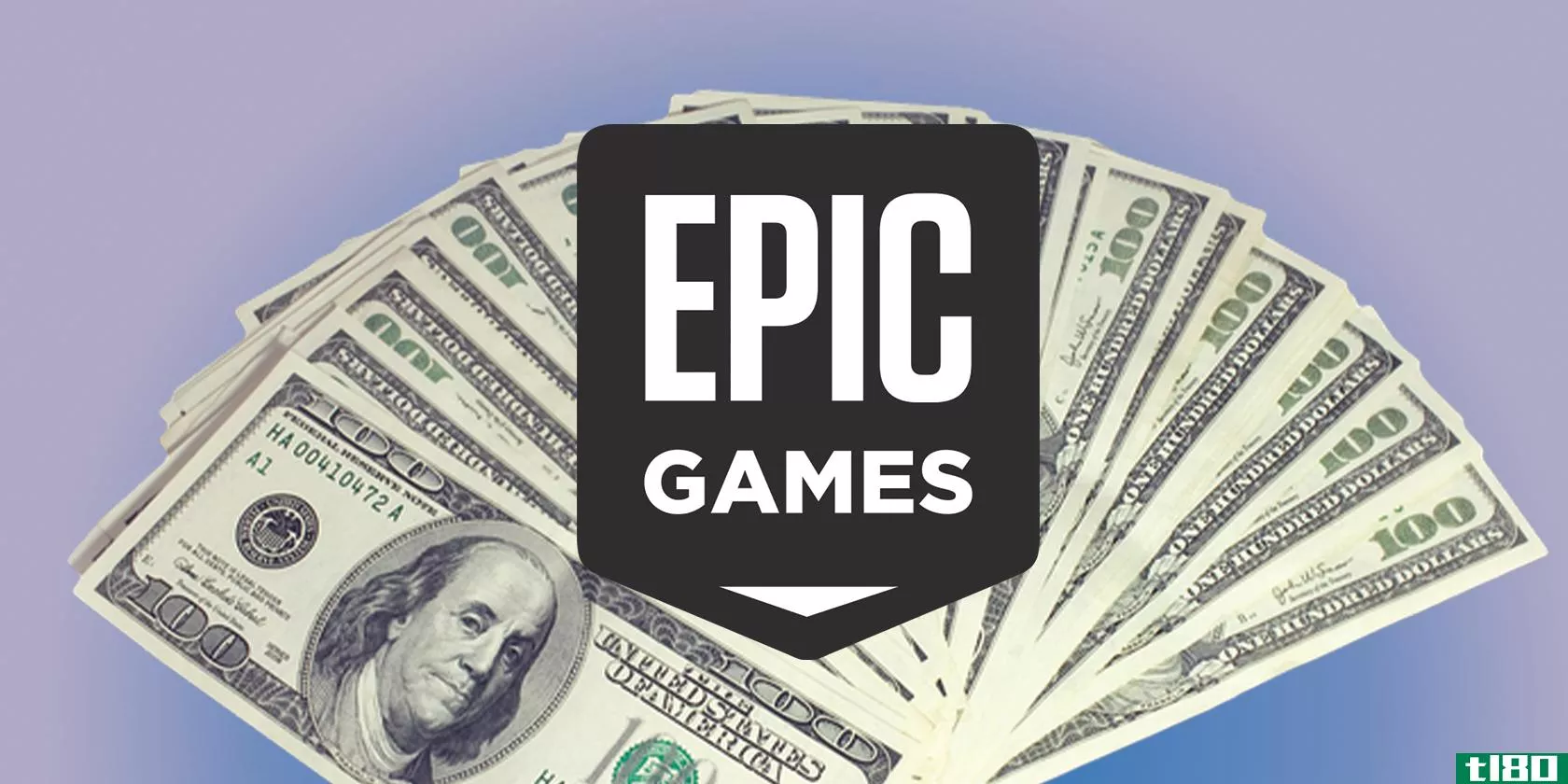 epic games logo and a handful of 100 dollar bills