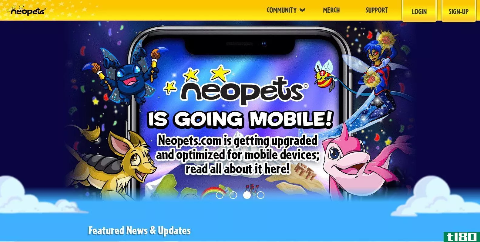 The homepage of Neopets' renovated desktop site, displaying a news update on the mobile version